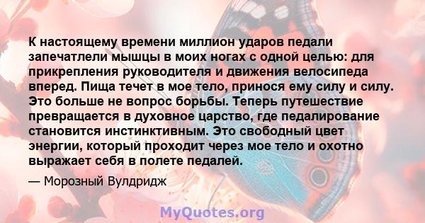 К настоящему времени миллион ударов педали запечатлели мышцы в моих ногах с одной целью: для прикрепления руководителя и движения велосипеда вперед. Пища течет в мое тело, принося ему силу и силу. Это больше не вопрос