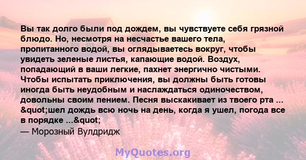 Вы так долго были под дождем, вы чувствуете себя грязной блюдо. Но, несмотря на несчастье вашего тела, пропитанного водой, вы оглядываетесь вокруг, чтобы увидеть зеленые листья, капающие водой. Воздух, попадающий в ваши 