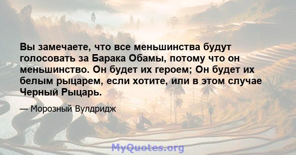 Вы замечаете, что все меньшинства будут голосовать за Барака Обамы, потому что он меньшинство. Он будет их героем; Он будет их белым рыцарем, если хотите, или в этом случае Черный Рыцарь.