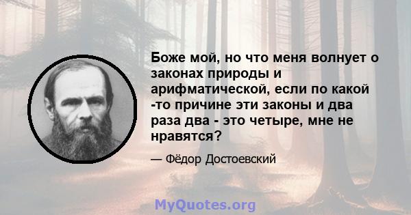 Боже мой, но что меня волнует о законах природы и арифматической, если по какой -то причине эти законы и два раза два - это четыре, мне не нравятся?