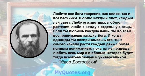 Любите все боги творение, как целое, так и все песчинки. Люблю каждый лист, каждый луч света. Любите животных, люблю растения, люблю каждую отдельную вещь. Если ты любишь каждую вещь, ты во всем воспринимаешь загадку