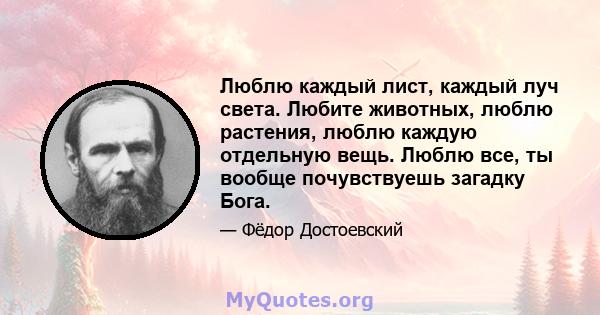 Люблю каждый лист, каждый луч света. Любите животных, люблю растения, люблю каждую отдельную вещь. Люблю все, ты вообще почувствуешь загадку Бога.