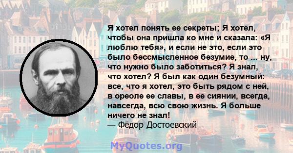 Я хотел понять ее секреты; Я хотел, чтобы она пришла ко мне и сказала: «Я люблю тебя», и если не это, если это было бессмысленное безумие, то ... ну, что нужно было заботиться? Я знал, что хотел? Я был как один