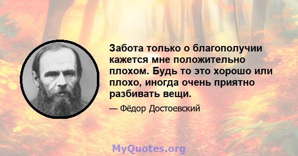 Забота только о благополучии кажется мне положительно плохом. Будь то это хорошо или плохо, иногда очень приятно разбивать вещи.