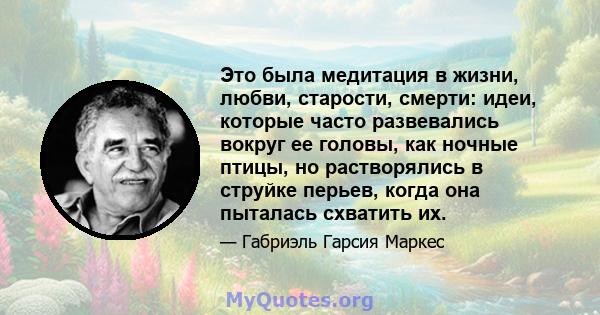 Это была медитация в жизни, любви, старости, смерти: идеи, которые часто развевались вокруг ее головы, как ночные птицы, но растворялись в струйке перьев, когда она пыталась схватить их.