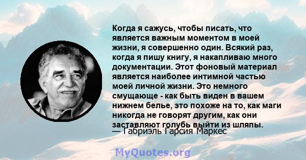 Когда я сажусь, чтобы писать, что является важным моментом в моей жизни, я совершенно один. Всякий раз, когда я пишу книгу, я накапливаю много документации. Этот фоновый материал является наиболее интимной частью моей