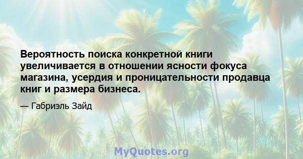 Вероятность поиска конкретной книги увеличивается в отношении ясности фокуса магазина, усердия и проницательности продавца книг и размера бизнеса.