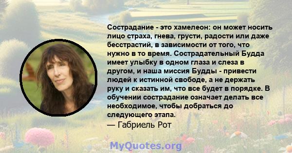 Сострадание - это хамелеон: он может носить лицо страха, гнева, грусти, радости или даже бесстрастий, в зависимости от того, что нужно в то время. Сострадательный Будда имеет улыбку в одном глаза и слеза в другом, и