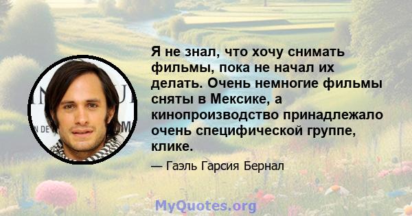 Я не знал, что хочу снимать фильмы, пока не начал их делать. Очень немногие фильмы сняты в Мексике, а кинопроизводство принадлежало очень специфической группе, клике.