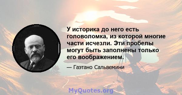 У историка до него есть головоломка, из которой многие части исчезли. Эти пробелы могут быть заполнены только его воображением.