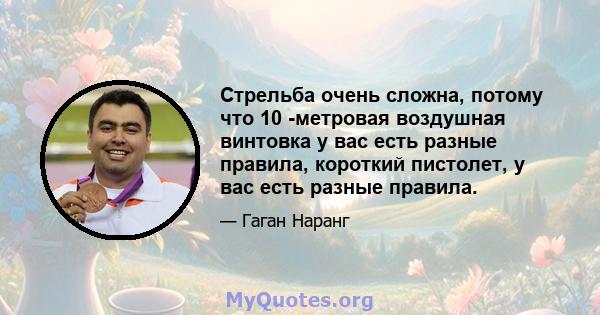 Стрельба очень сложна, потому что 10 -метровая воздушная винтовка у вас есть разные правила, короткий пистолет, у вас есть разные правила.