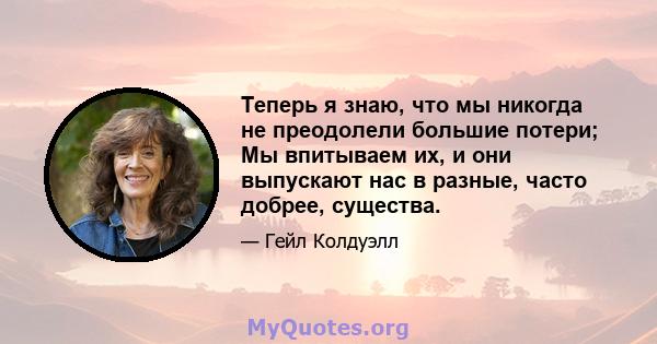 Теперь я знаю, что мы никогда не преодолели большие потери; Мы впитываем их, и они выпускают нас в разные, часто добрее, существа.