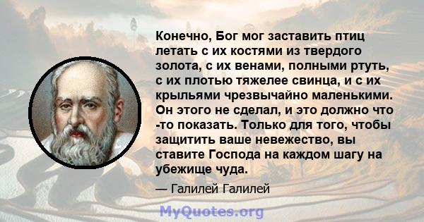 Конечно, Бог мог заставить птиц летать с их костями из твердого золота, с их венами, полными ртуть, с их плотью тяжелее свинца, и с их крыльями чрезвычайно маленькими. Он этого не сделал, и это должно что -то показать.