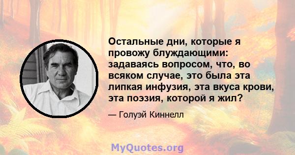 Остальные дни, которые я провожу блуждающими: задаваясь вопросом, что, во всяком случае, это была эта липкая инфузия, эта вкуса крови, эта поэзия, которой я жил?