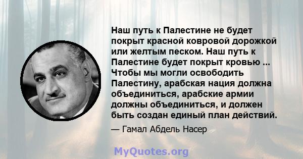 Наш путь к Палестине не будет покрыт красной ковровой дорожкой или желтым песком. Наш путь к Палестине будет покрыт кровью ... Чтобы мы могли освободить Палестину, арабская нация должна объединиться, арабские армии