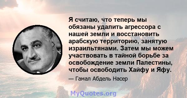 Я считаю, что теперь мы обязаны удалить агрессора с нашей земли и восстановить арабскую территорию, занятую израильтянами. Затем мы можем участвовать в тайной борьбе за освобождение земли Палестины, чтобы освободить