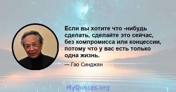 Если вы хотите что -нибудь сделать, сделайте это сейчас, без компромисса или концессии, потому что у вас есть только одна жизнь.