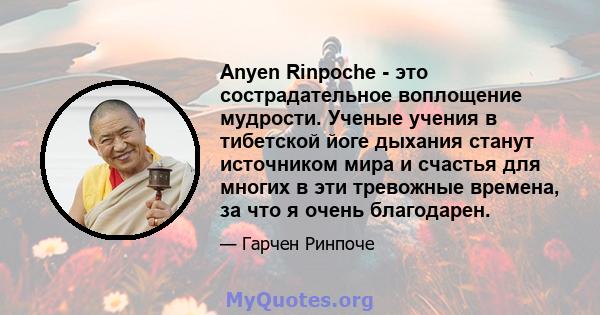 Anyen Rinpoche - это сострадательное воплощение мудрости. Ученые учения в тибетской йоге дыхания станут источником мира и счастья для многих в эти тревожные времена, за что я очень благодарен.