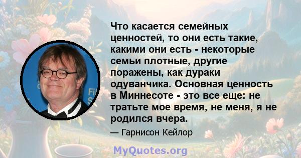 Что касается семейных ценностей, то они есть такие, какими они есть - некоторые семьи плотные, другие поражены, как дураки одуванчика. Основная ценность в Миннесоте - это все еще: не тратьте мое время, не меня, я не