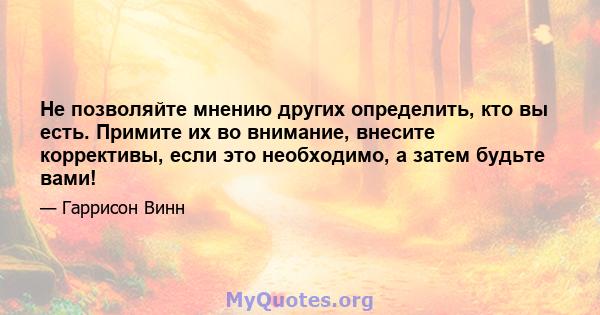 Не позволяйте мнению других определить, кто вы есть. Примите их во внимание, внесите коррективы, если это необходимо, а затем будьте вами!