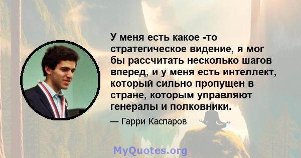 У меня есть какое -то стратегическое видение, я мог бы рассчитать несколько шагов вперед, и у меня есть интеллект, который сильно пропущен в стране, которым управляют генералы и полковники.