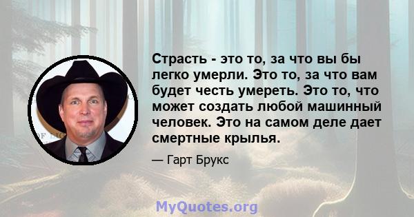 Страсть - это то, за что вы бы легко умерли. Это то, за что вам будет честь умереть. Это то, что может создать любой машинный человек. Это на самом деле дает смертные крылья.