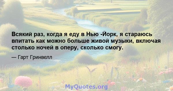 Всякий раз, когда я еду в Нью -Йорк, я стараюсь впитать как можно больше живой музыки, включая столько ночей в оперу, сколько смогу.