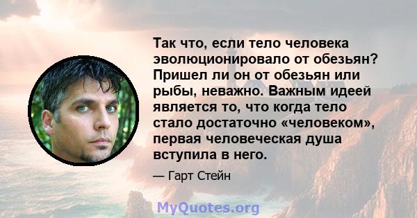 Так что, если тело человека эволюционировало от обезьян? Пришел ли он от обезьян или рыбы, неважно. Важным идеей является то, что когда тело стало достаточно «человеком», первая человеческая душа вступила в него.