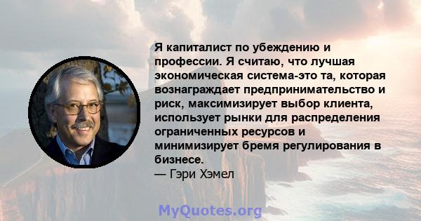 Я капиталист по убеждению и профессии. Я считаю, что лучшая экономическая система-это та, которая вознаграждает предпринимательство и риск, максимизирует выбор клиента, использует рынки для распределения ограниченных