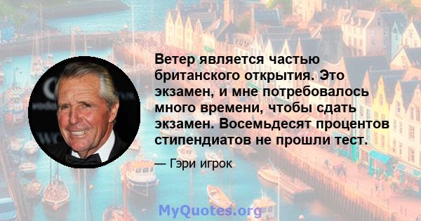 Ветер является частью британского открытия. Это экзамен, и мне потребовалось много времени, чтобы сдать экзамен. Восемьдесят процентов стипендиатов не прошли тест.