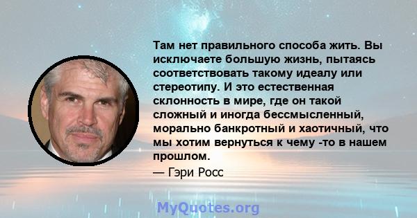 Там нет правильного способа жить. Вы исключаете большую жизнь, пытаясь соответствовать такому идеалу или стереотипу. И это естественная склонность в мире, где он такой сложный и иногда бессмысленный, морально банкротный 