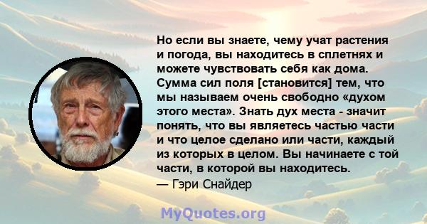 Но если вы знаете, чему учат растения и погода, вы находитесь в сплетнях и можете чувствовать себя как дома. Сумма сил поля [становится] тем, что мы называем очень свободно «духом этого места». Знать дух места - значит