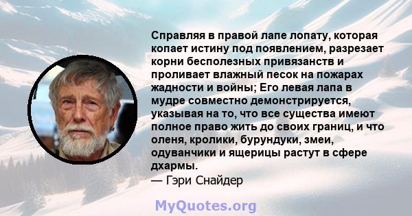 Справляя в правой лапе лопату, которая копает истину под появлением, разрезает корни бесполезных привязанств и проливает влажный песок на пожарах жадности и войны; Его левая лапа в мудре совместно демонстрируется,