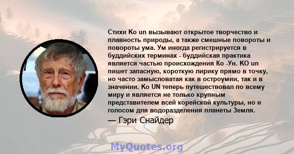 Стихи Ko un вызывают открытое творчество и плавность природы, а также смешные повороты и повороты ума. Ум иногда регистрируется в буддийских терминах - буддийская практика является частью происхождения Ко -Ун. KO un