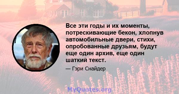 Все эти годы и их моменты, потрескивающие бекон, хлопнув автомобильные двери, стихи, опробованные друзьям, будут еще один архив, еще один шаткий текст.