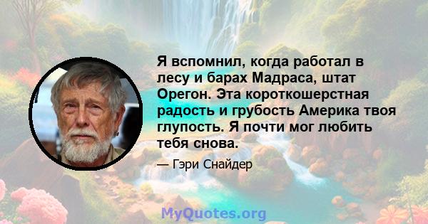 Я вспомнил, когда работал в лесу и барах Мадраса, штат Орегон. Эта короткошерстная радость и грубость Америка твоя глупость. Я почти мог любить тебя снова.