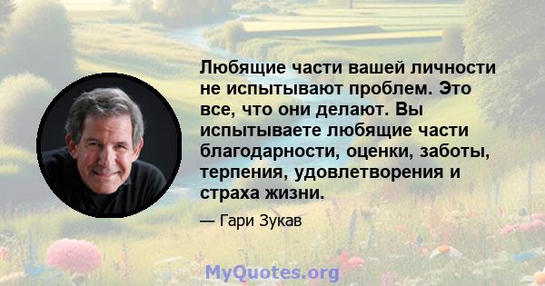 Любящие части вашей личности не испытывают проблем. Это все, что они делают. Вы испытываете любящие части благодарности, оценки, заботы, терпения, удовлетворения и страха жизни.