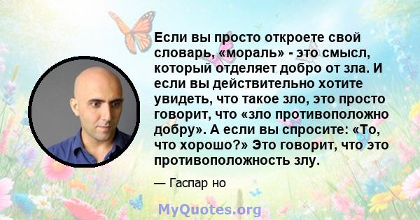 Если вы просто откроете свой словарь, «мораль» - это смысл, который отделяет добро от зла. И если вы действительно хотите увидеть, что такое зло, это просто говорит, что «зло противоположно добру». А если вы спросите: