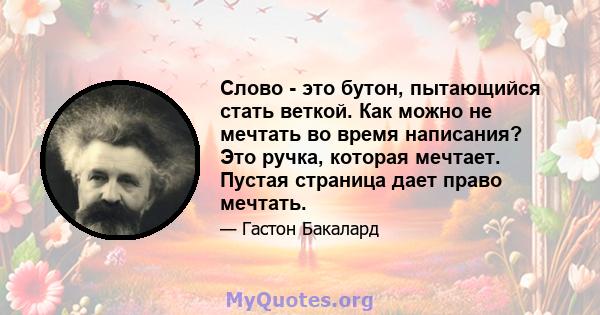 Слово - это бутон, пытающийся стать веткой. Как можно не мечтать во время написания? Это ручка, которая мечтает. Пустая страница дает право мечтать.