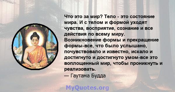 Что это за мир? Тело - это состояние мира. И с телом и формой уходят чувства, восприятие, сознание и все действия по всему миру. Возникновение формы и прекращение формы-все, что было услышано, почувствовало и известно,