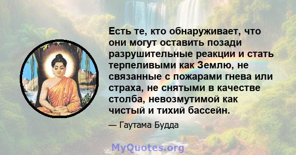 Есть те, кто обнаруживает, что они могут оставить позади разрушительные реакции и стать терпеливыми как Землю, не связанные с пожарами гнева или страха, не снятыми в качестве столба, невозмутимой как чистый и тихий