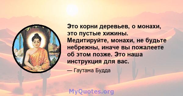 Это корни деревьев, о монахи, это пустые хижины. Медитируйте, монахи, не будьте небрежны, иначе вы пожалеете об этом позже. Это наша инструкция для вас.