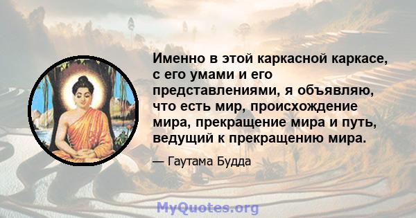 Именно в этой каркасной каркасе, с его умами и его представлениями, я объявляю, что есть мир, происхождение мира, прекращение мира и путь, ведущий к прекращению мира.