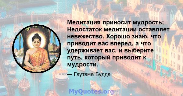 Медитация приносит мудрость; Недостаток медитации оставляет невежество. Хорошо знаю, что приводит вас вперед, а что удерживает вас, и выберите путь, который приводит к мудрости.