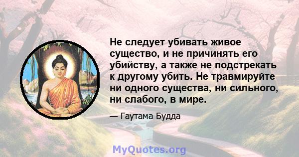 Не следует убивать живое существо, и не причинять его убийству, а также не подстрекать к другому убить. Не травмируйте ни одного существа, ни сильного, ни слабого, в мире.