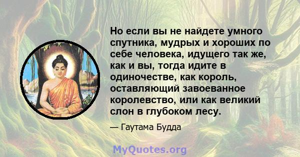 Но если вы не найдете умного спутника, мудрых и хороших по себе человека, идущего так же, как и вы, тогда идите в одиночестве, как король, оставляющий завоеванное королевство, или как великий слон в глубоком лесу.