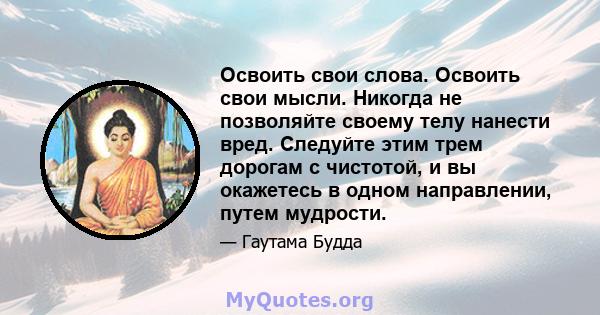 Освоить свои слова. Освоить свои мысли. Никогда не позволяйте своему телу нанести вред. Следуйте этим трем дорогам с чистотой, и вы окажетесь в одном направлении, путем мудрости.