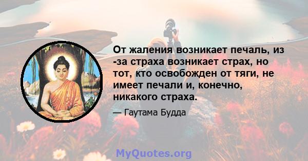 От жаления возникает печаль, из -за страха возникает страх, но тот, кто освобожден от тяги, не имеет печали и, конечно, никакого страха.