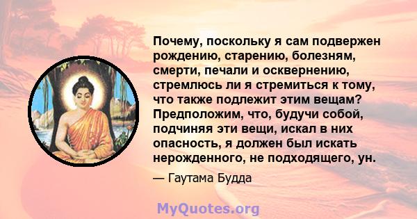 Почему, поскольку я сам подвержен рождению, старению, болезням, смерти, печали и осквернению, стремлюсь ли я стремиться к тому, что также подлежит этим вещам? Предположим, что, будучи собой, подчиняя эти вещи, искал в