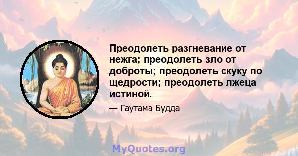 Преодолеть разгневание от нежга; преодолеть зло от доброты; преодолеть скуку по щедрости; преодолеть лжеца истиной.